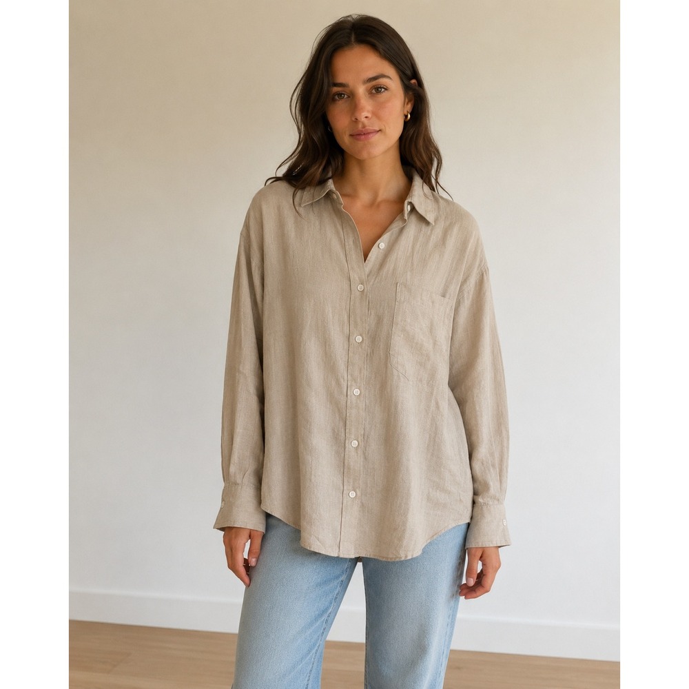Zara Button Down Shirt XS Beige Linen Blend Relaxed Pocket Coastal Minimalist